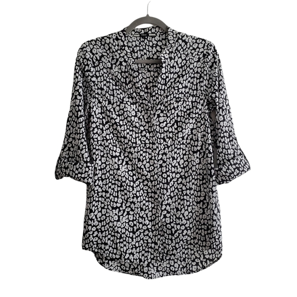 NEXT Black White Cheetah Button Up Roll Tab Blouse Women 8 Neutral - Picture 1 of 7